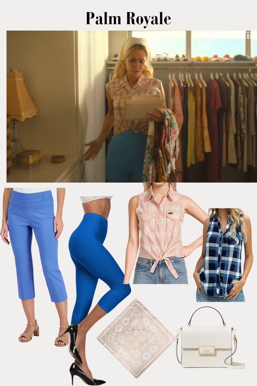 Maxine Simmons Outfit 2 - Maxine Simmons wearing blue capri pants paired with a pink and white tie-waist plaid sleeveless top and a coordinating head scarf, creating a playful and retro-inspired summer look.