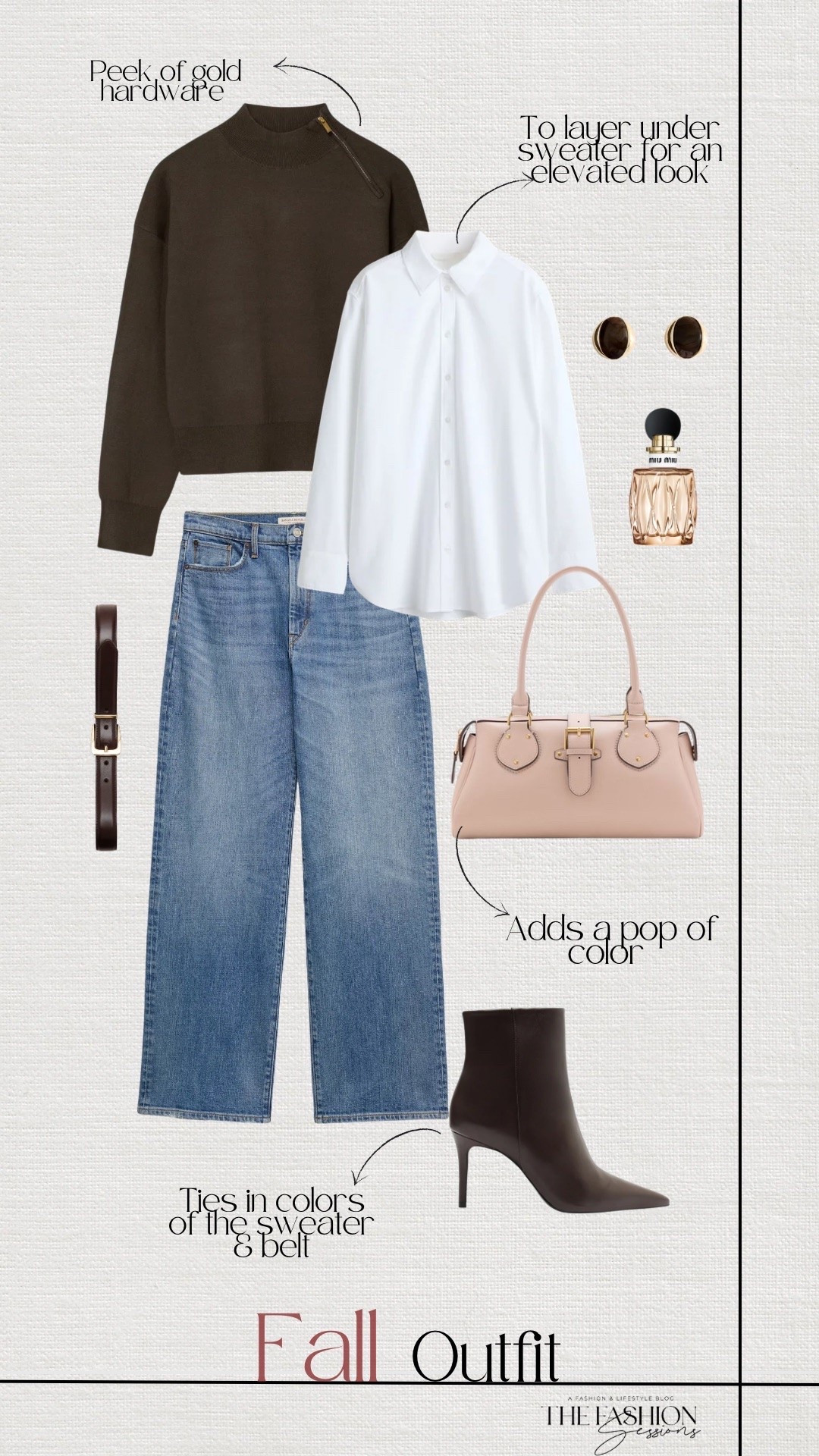 Fall Outfit | Brown Sweater | White Oxford Top | Denim Jeans | Baby Pink Shoulder Bag | Brown Ankle Boots |

#LTKootd #LTKSeasonal