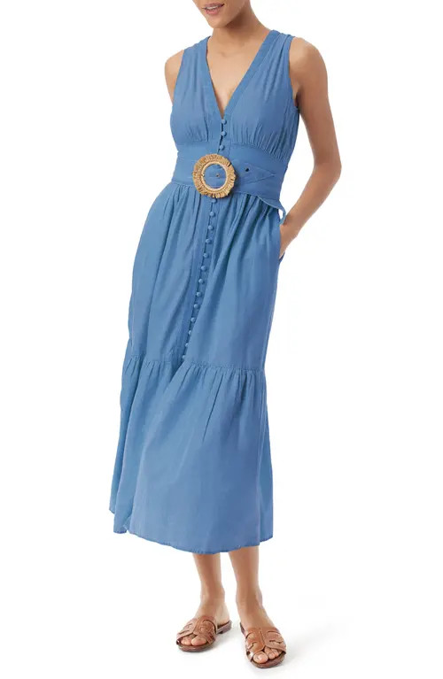 Sam Edelman Selene Belted Cotton Blend Midi Dress in Heavenly Blue at Nordstrom, Size Large | Nordstrom