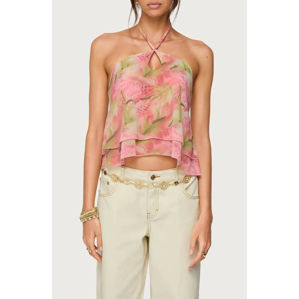 EDIKTED Dragon Lily Tiered Chiffon Halter Top in Mix at Nordstrom, Size Medium | Nordstrom