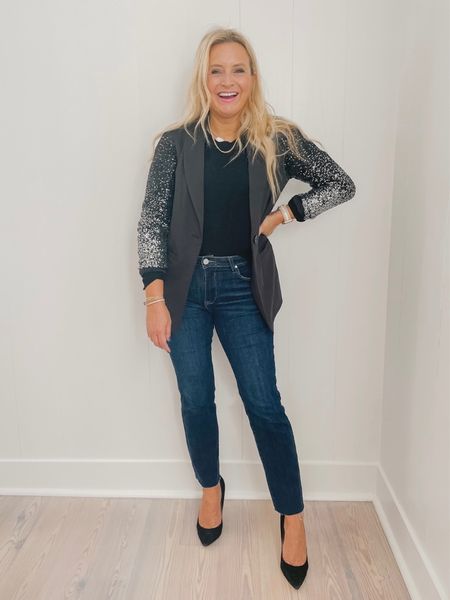 Sequin blazer, black sweater and dark denim for a fancy casual fall look. Wearing a small in blazer and sweater and size 26 in jeans   

#LTKHoliday #LTKunder100 #LTKstyletip