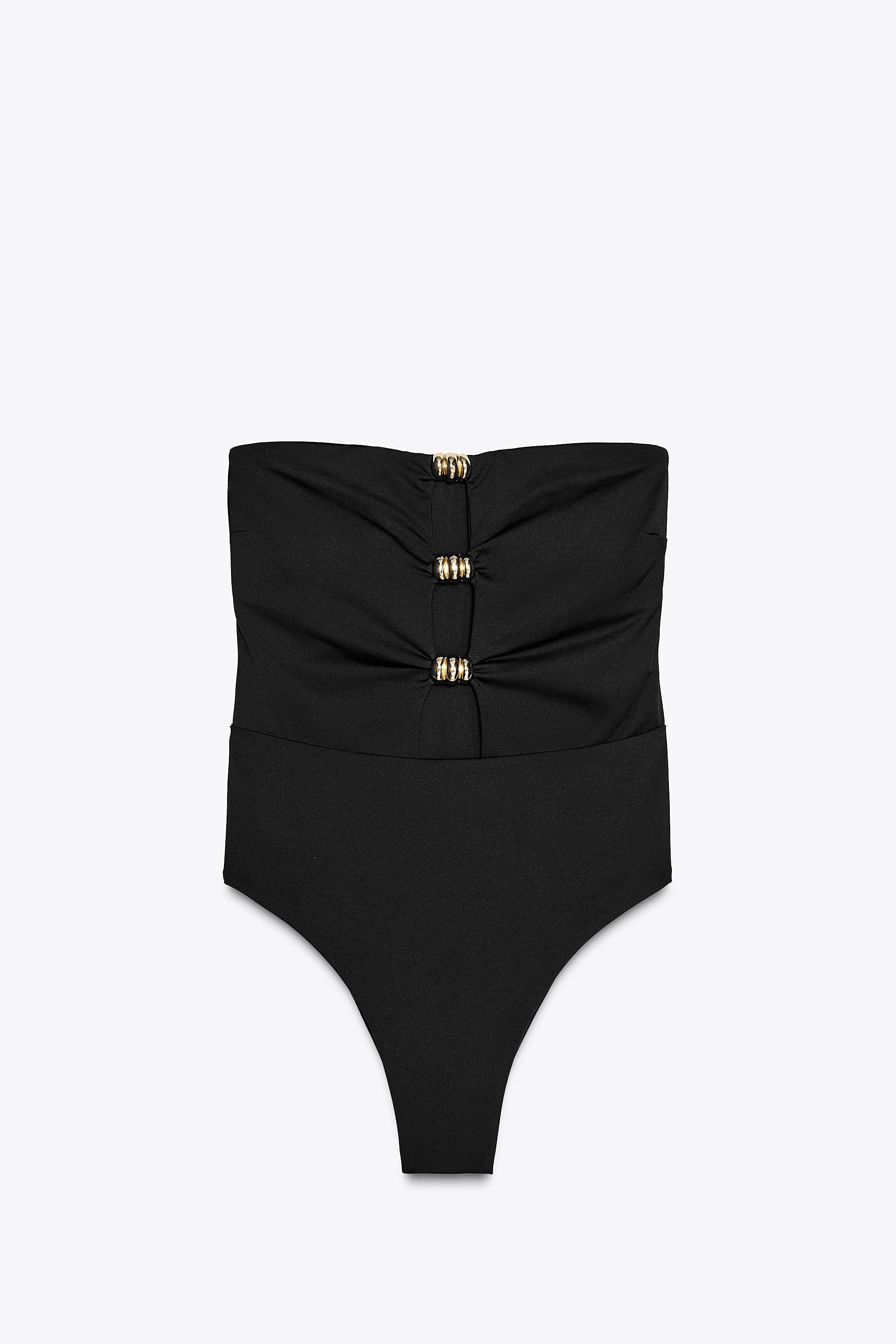 Bandeau swimsuit with a straight neckline and off-the-shoulder design. Removable cups. Detail of ... | Zara US