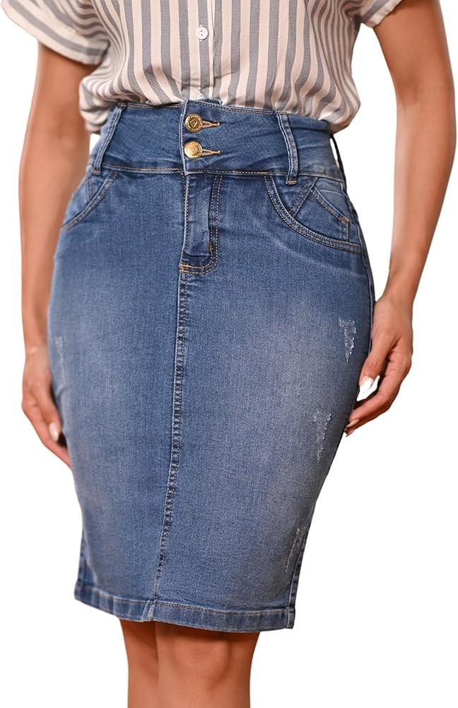 Straight Knee Length Stretch Denim Jean Skirt for Women, Regular and Plus Size | Amazon (US)