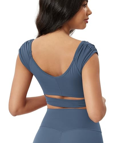 ODODOS Ruched Front Crop Tank for Women V-Neck Cut Out Back Cap Sleeve Cropped Tops, Ink Blue, Medium | Amazon (US)