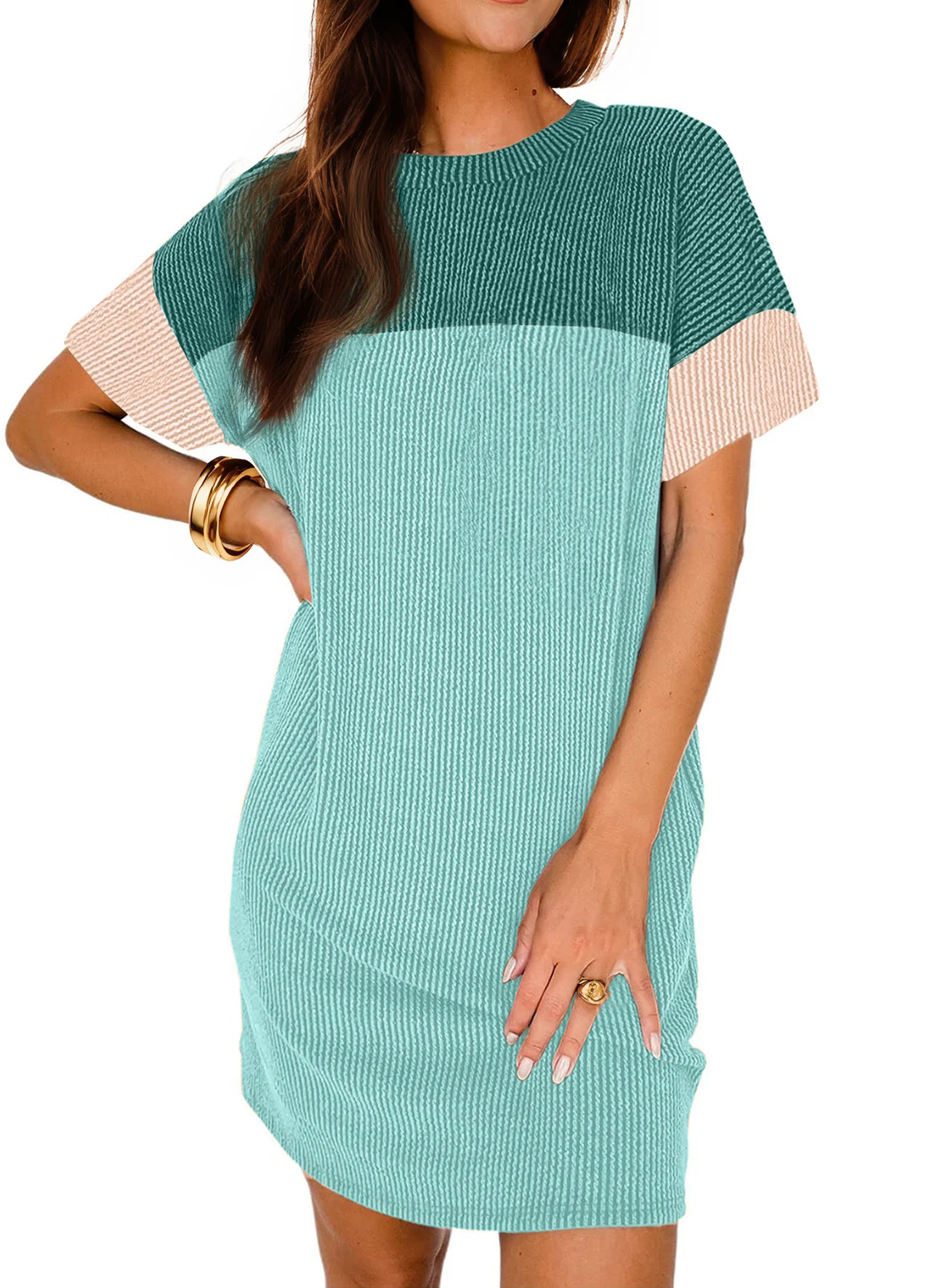 Fantaslook Summer Color Block Dresses for Women Crewneck Short Sleeve T shirts Dress Ribbed Dress... | Walmart (US)