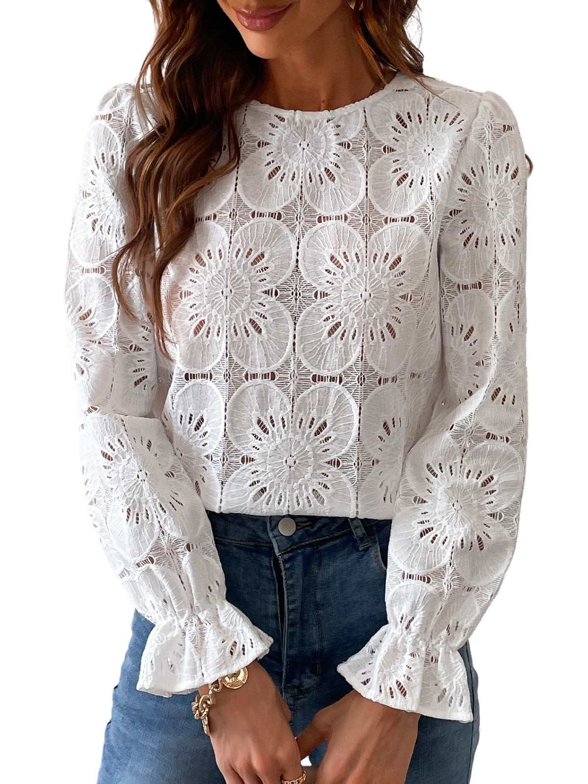 CUPSHE Women's Eyelet Long Sleeve Tops Shirts Hollow Out Crochet Lace Embroidered Blouses | Walmart (US)