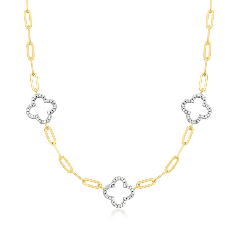 Charles Garnier .40 ct. t.w. CZ Clover Station Paper Clip Link Necklace in Two-Tone Sterling. 17" | Ross-Simons