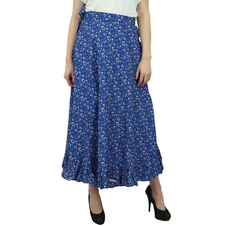 Phagun Floral Printed Wrap Self Belt Cotton Ruffled Magic Women s Skirt-Blue | Walmart (US)