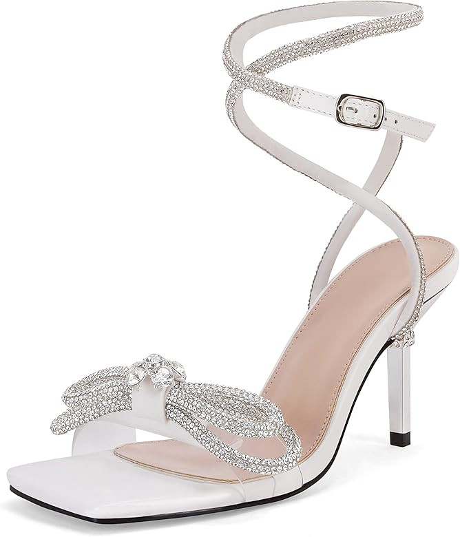 Coutgo Womens Rhinestone Bow Heels Sandals Strappy Lace Up Stiletto Satin Pumps Wedding Dress Sho... | Amazon (US)