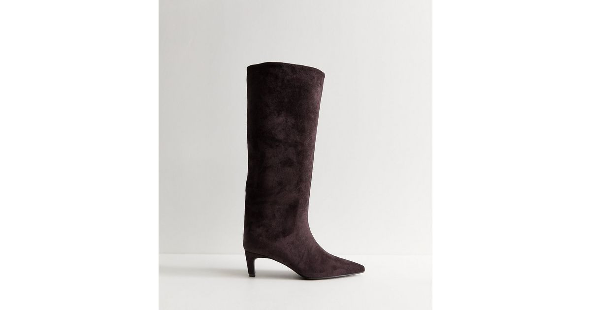 Women's Dark Burgundy Faux Suede Kitten Heel Knee High Boots Vegan New Look | New Look (UK)
