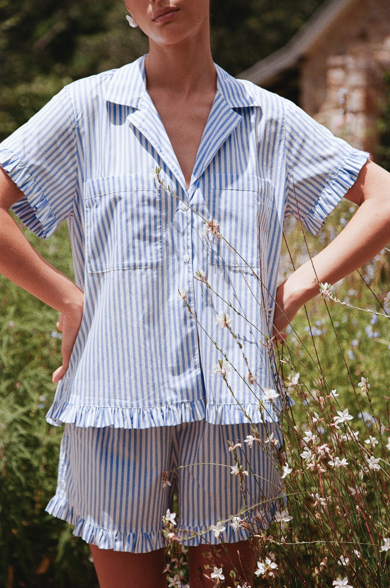 Felicity Frill Pajama Set - Pinstripe Blue | Piyama US