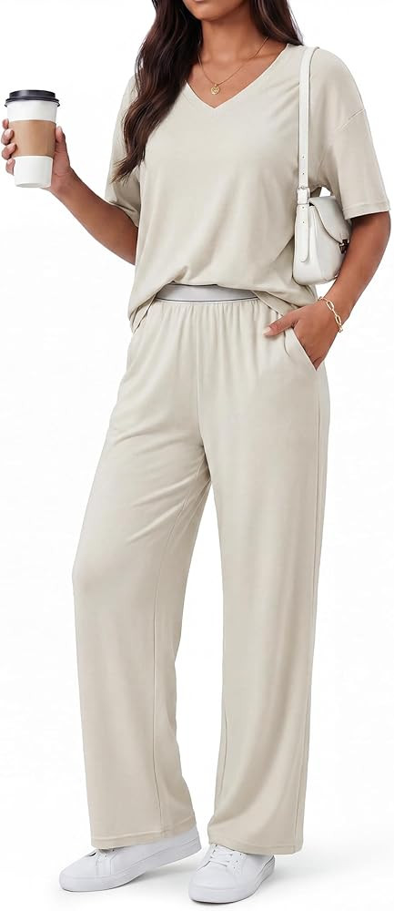 OUGES Women's Lyocell Cotton Lounge Sets Short Sleeve Tops and Long Pants Soft Pajama Set 2 Piece... | Amazon (US)