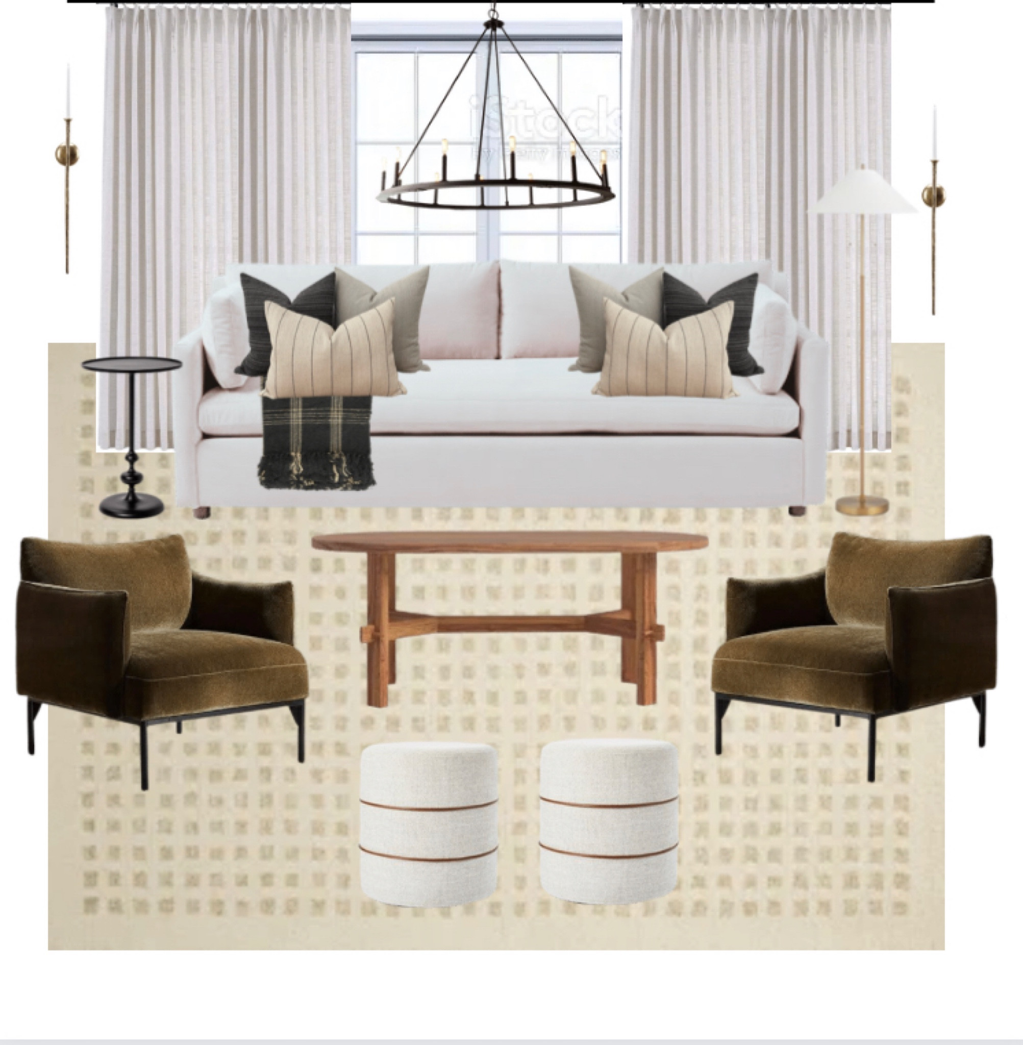 Living room moodboard, natural wood table, oval table, olive green chairs, neutral living room, white couch, round table, coffee table, oval coffee table, wooden coffee table 

#LTKsalealert #LTKhome #LTKstyletip