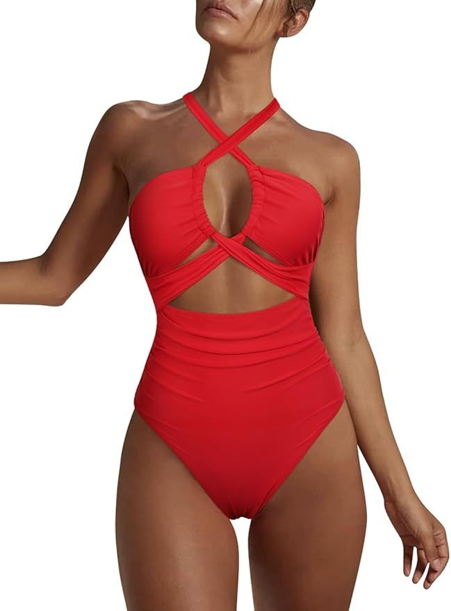 Hilor Women's Sexy Cutout One Piece Swimsuit Halter Plunge Neckline Bathing Suits High Cut Criss ... | Amazon (US)
