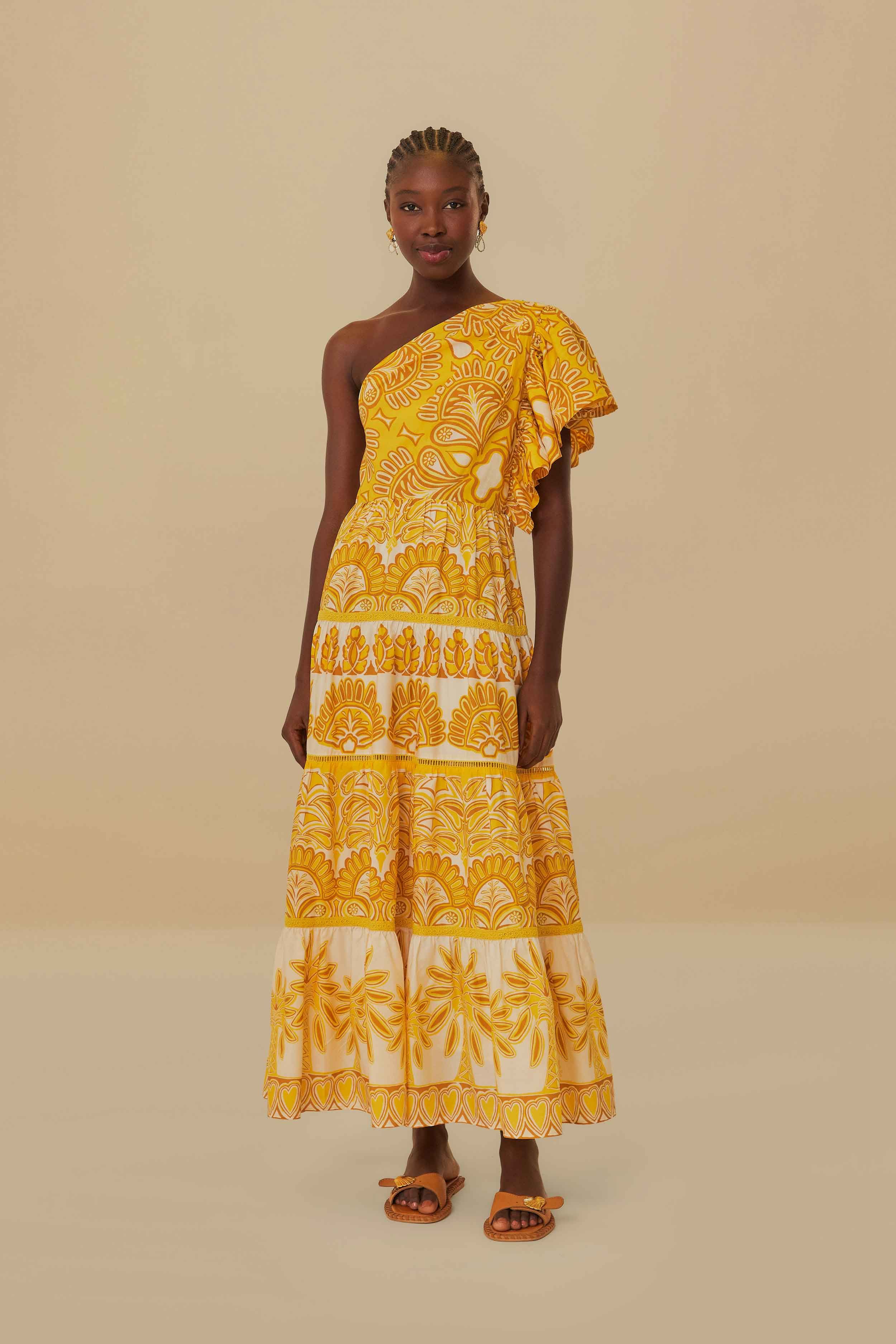 Yellow Ainika Tapestry One Shoulder Maxi Dress | FarmRio