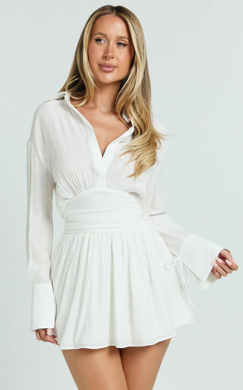 Valerie Mini Dress - Collared Long Sleeve Corset Waist Shirt Dress in White | Showpo (US, UK & Europe)