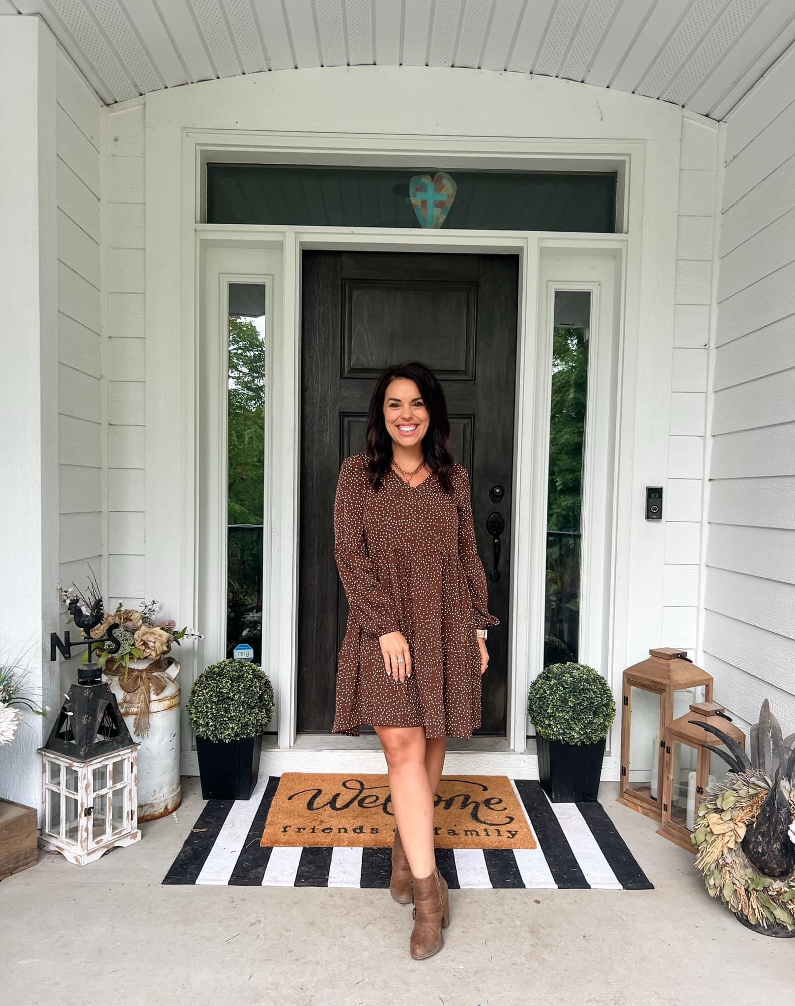 The perfect Fall Amazon Dress I’ll be wearing all season long!! The fabric light weight and I love the bell sleeves and how flowy it is!! 10/10 🍁