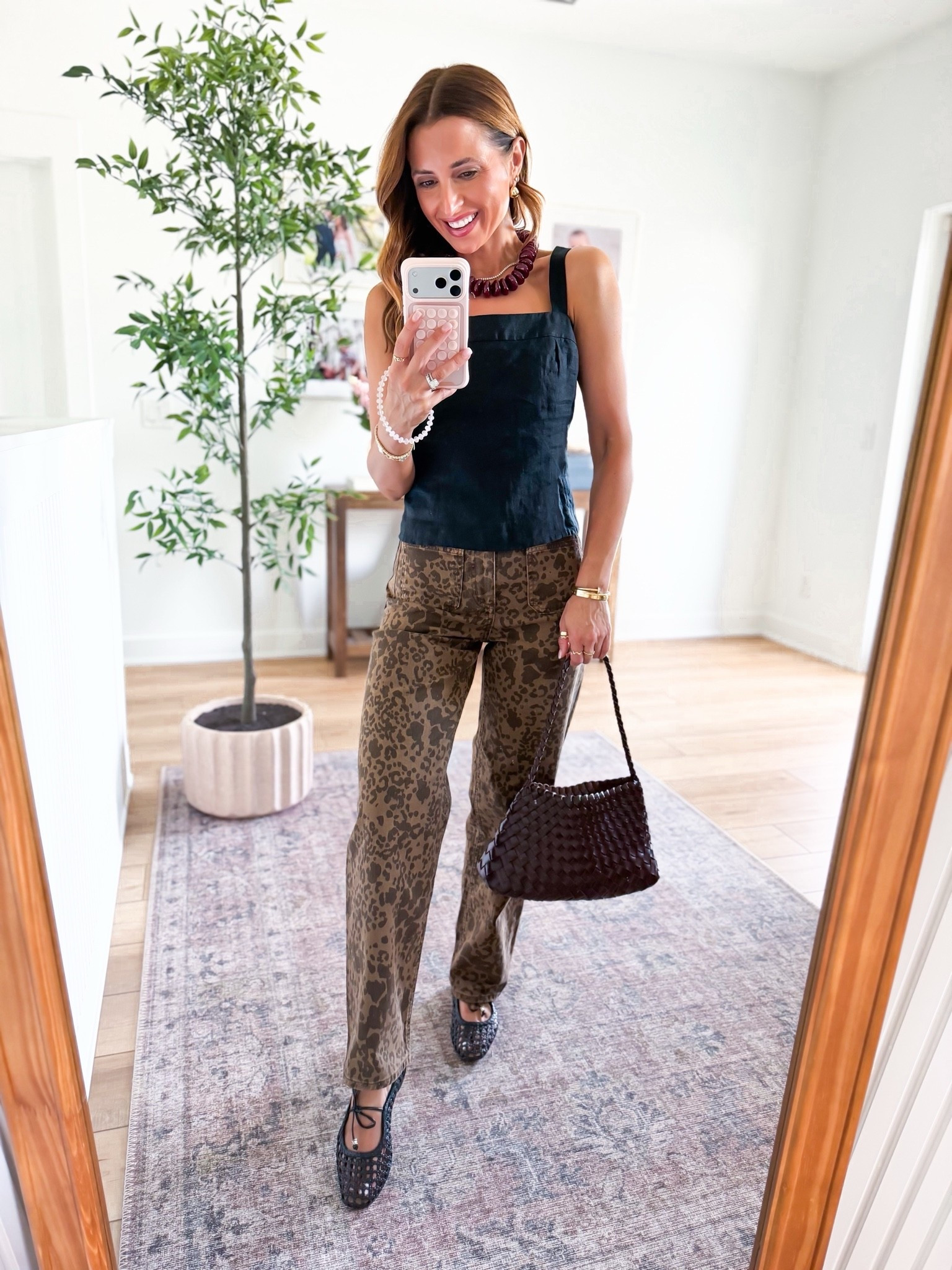 Target leopard jeans in 00 regular. Quince linen top in XS. Woven ballet flats are TTS. Braided purse. Fall outfit. Fall style. Elevated casual outfit. Everyday outfit. Mom outfit.