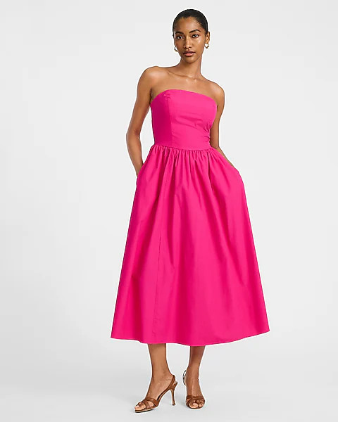 Cotton Poplin Strapless Dipped Waist Midi Dress With Pockets | Express