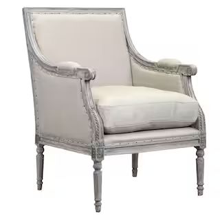 Gray Hand Carved Wooden Armchair with Fabric Upholstered Seating | The Home Depot