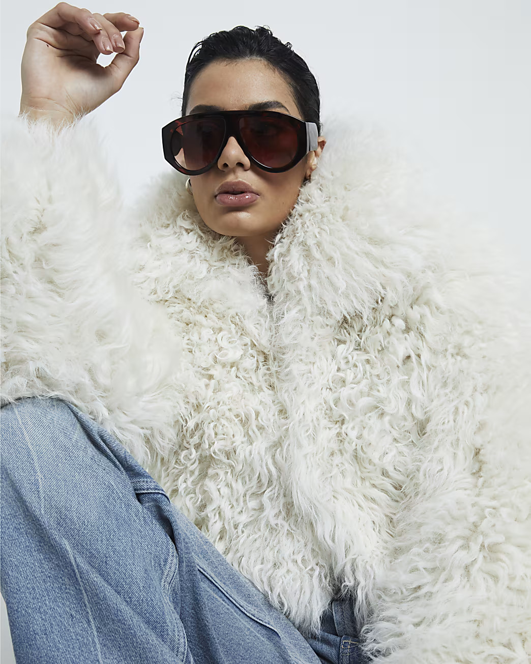 Cream Premium Real Shearling Coat | River Island UK & IE