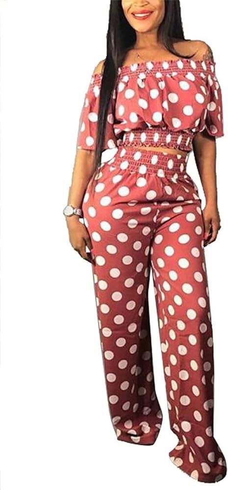 LKOUS Women Summer Elegant Spaghetti Strap Sleeveless Polka Dot Print One-Piece Loose Wide Leg Pa... | Amazon (US)