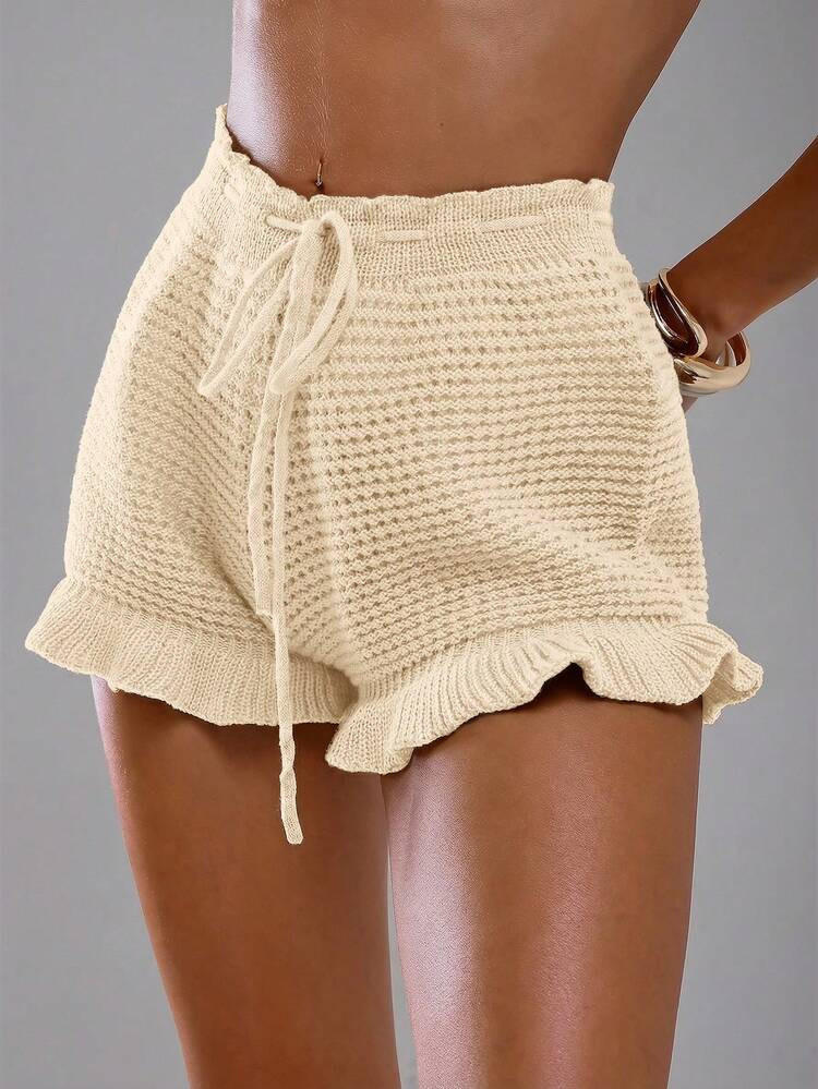 Swim Glamine Women's Solid Color Waist Tie Ruffle Hem Cover-Up Shorts Set | SHEIN