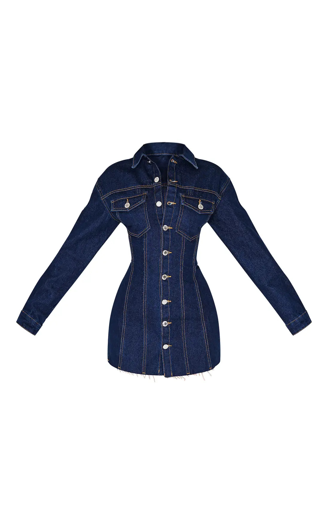 Petite Indigo Denim Long Sleeve Fitted Mini Dress | PrettyLittleThing US