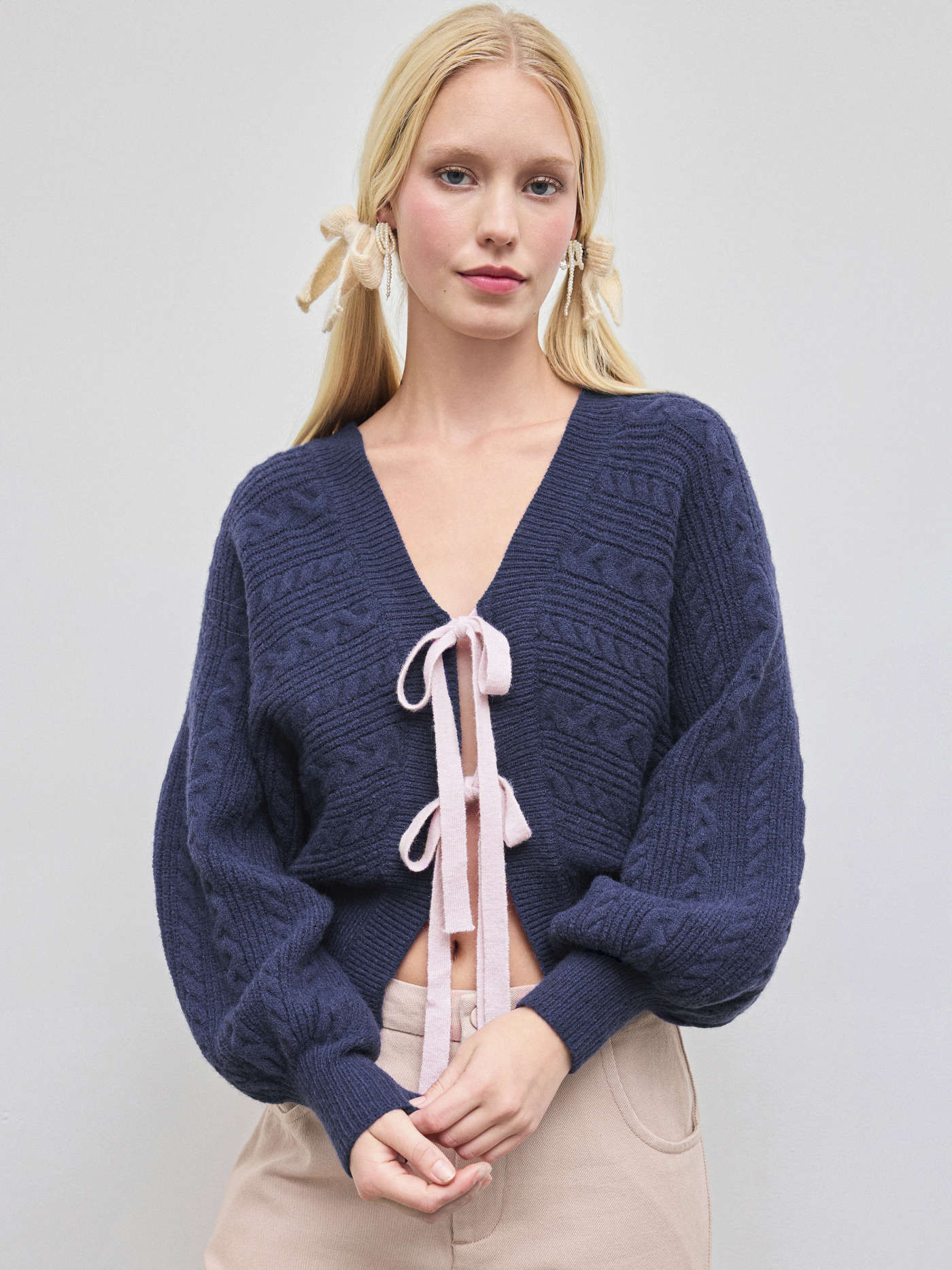 Cable Knit V-neck Solid Tie Front Cardigan | Cider