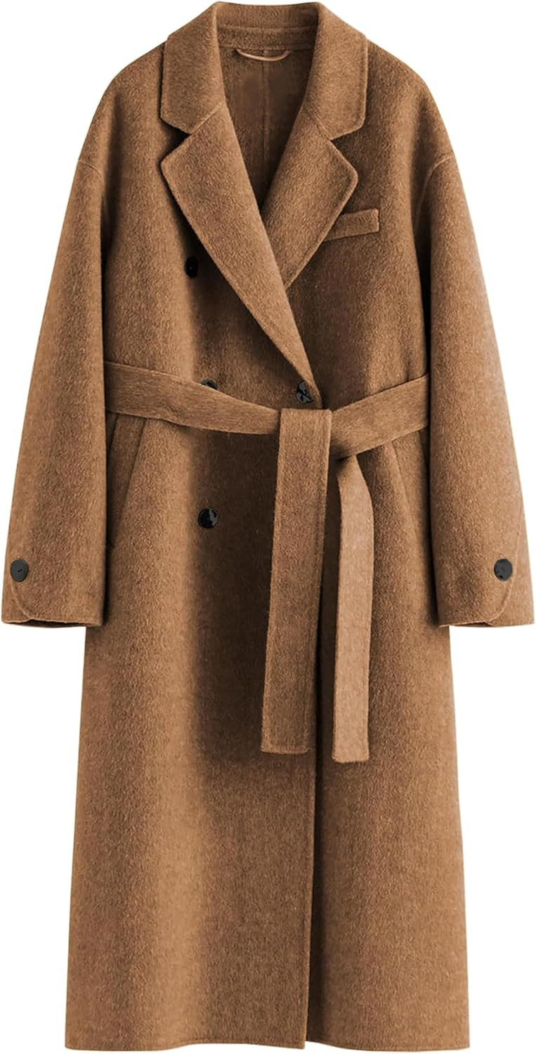 Womens Pea Coats Fall Long Trench Coat Double Breasted Button Down Lapel Belted Peacoat | Amazon (US)