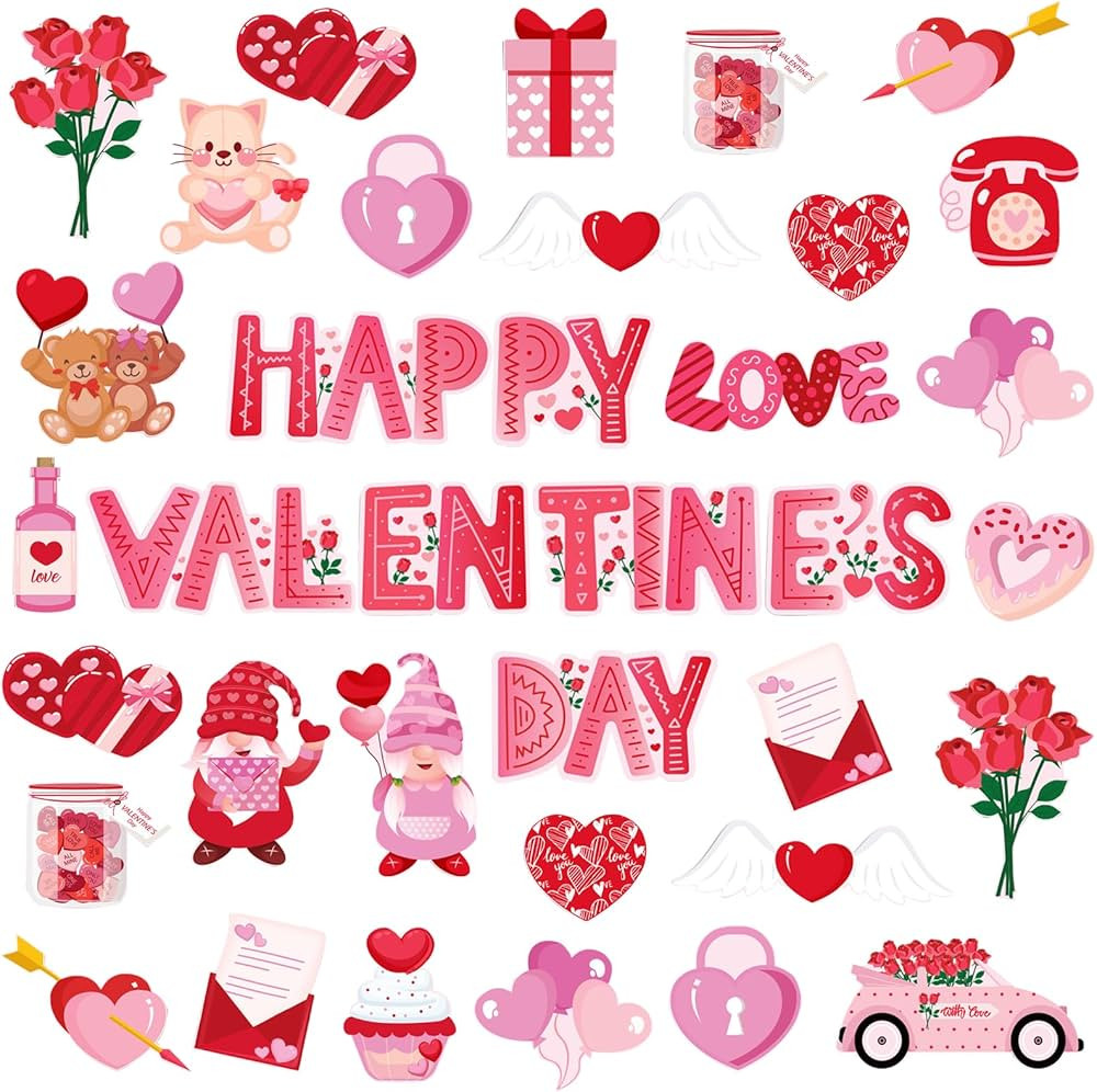 Machomby 47Pcs Valentine's Day Cutouts Valentine's Day Classroom Decorations Gnomes Heart Paper C... | Amazon (US)