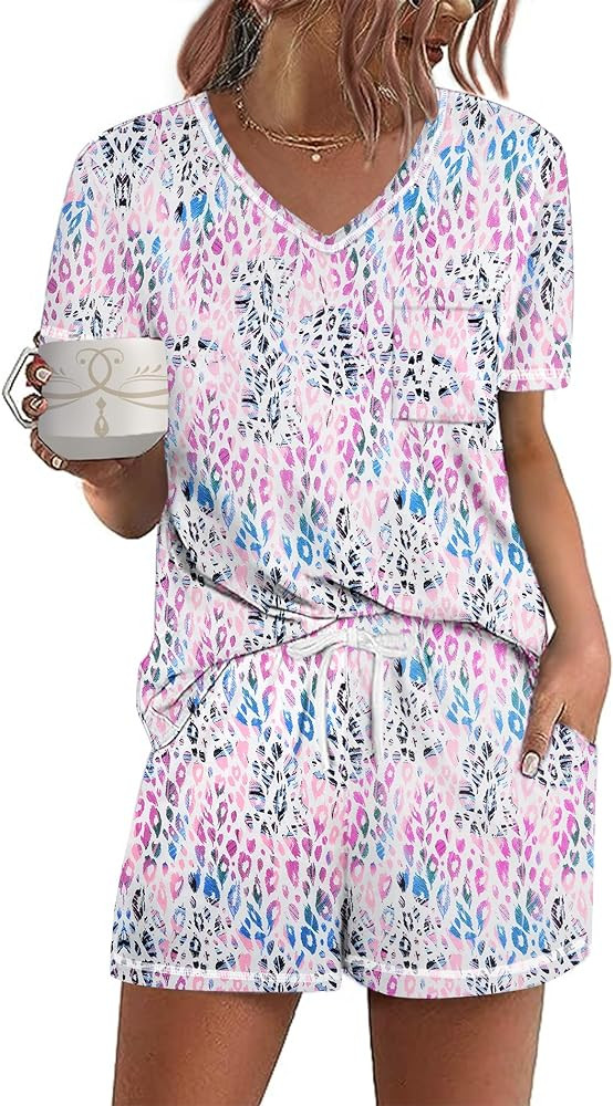 Ekouaer Women's Pajamas Sets Short Sleeve Lounge Sets Sleepwear Casual Two Piece Pjs With Pockets | Amazon (US)