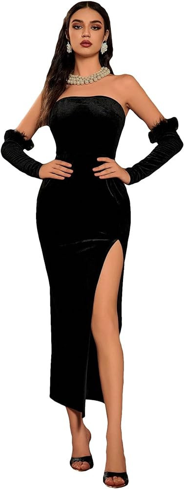 SweatyRocks Women's Off Shoulder Split Thigh Tube Dress Bodycon Velvet Maxi Long Dress | Amazon (US)