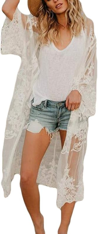 Bsubseach Women Sexy Lace Crochet Open Front Swimsuit Beach Long Kimono Cover Ups | Amazon (US)