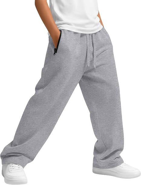 Boys Baggy Sweatpants Straight Leg Open Bottom Pants Teens School Casual Athletic Joggers with Zi... | Amazon (US)