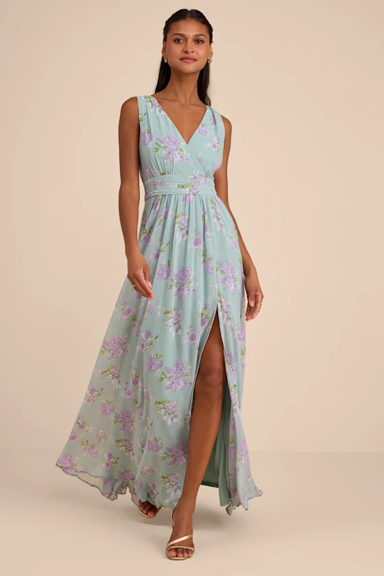 Heavenly Hues Sage Floral Surplice Maxi Dress | Green Bridesmaid Dress | Lulus