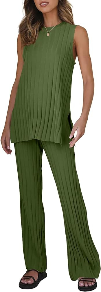 Tankaneo Two Pieces Outfits Sleeveless Top Knit Sets Trendy Lounge Long Pajamas Set | Amazon (US)