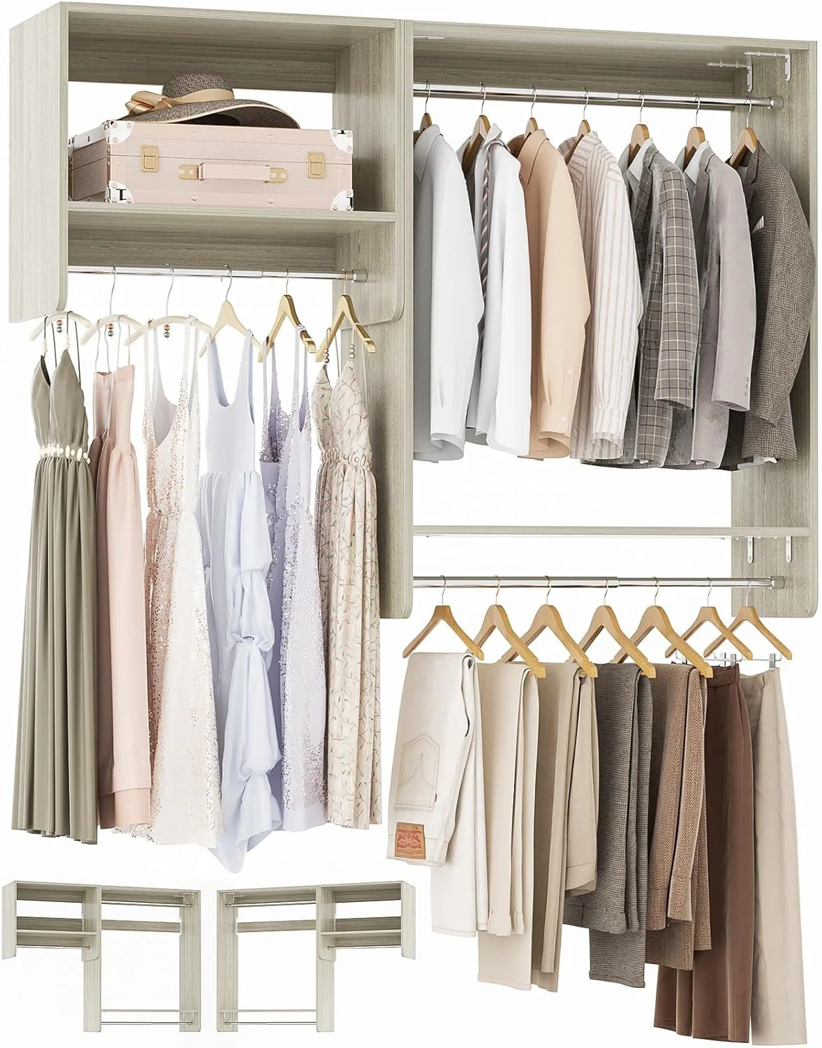 Aheaplus 36” - 60” Closet System, 5FT Walk in Closet Organizer Starter Kit with 3 Hanging Rod... | Walmart (US)