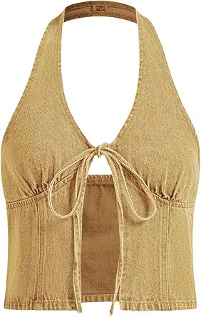 RoseSeek Women's Y2K Denim Halter Tops Sleeveless Bowknot Split Hem Tank Top Going Out Clothes | Amazon (US)