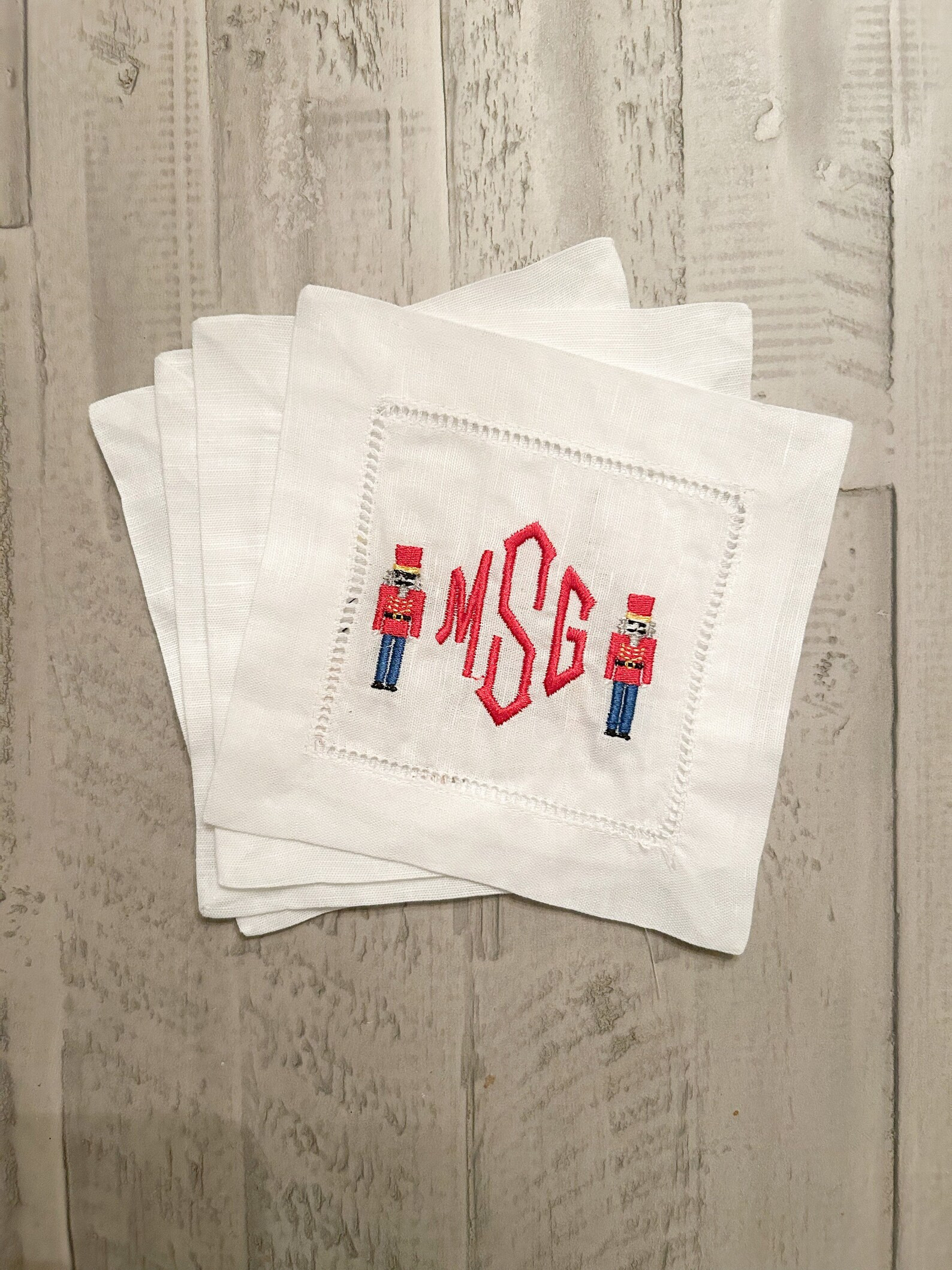 Christmas Monogrammed Nutcracker Linen Cocktail Napkins - Etsy | Etsy (US)