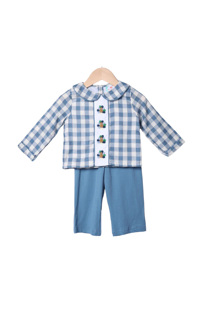Bullion Turkey Stone Blue Gingham Pant Set | The Smocked Flamingo