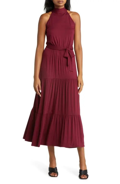 Loveappella Tiered Halter Maxi Dress in Burgundy at Nordstrom, Size X-Large | Nordstrom