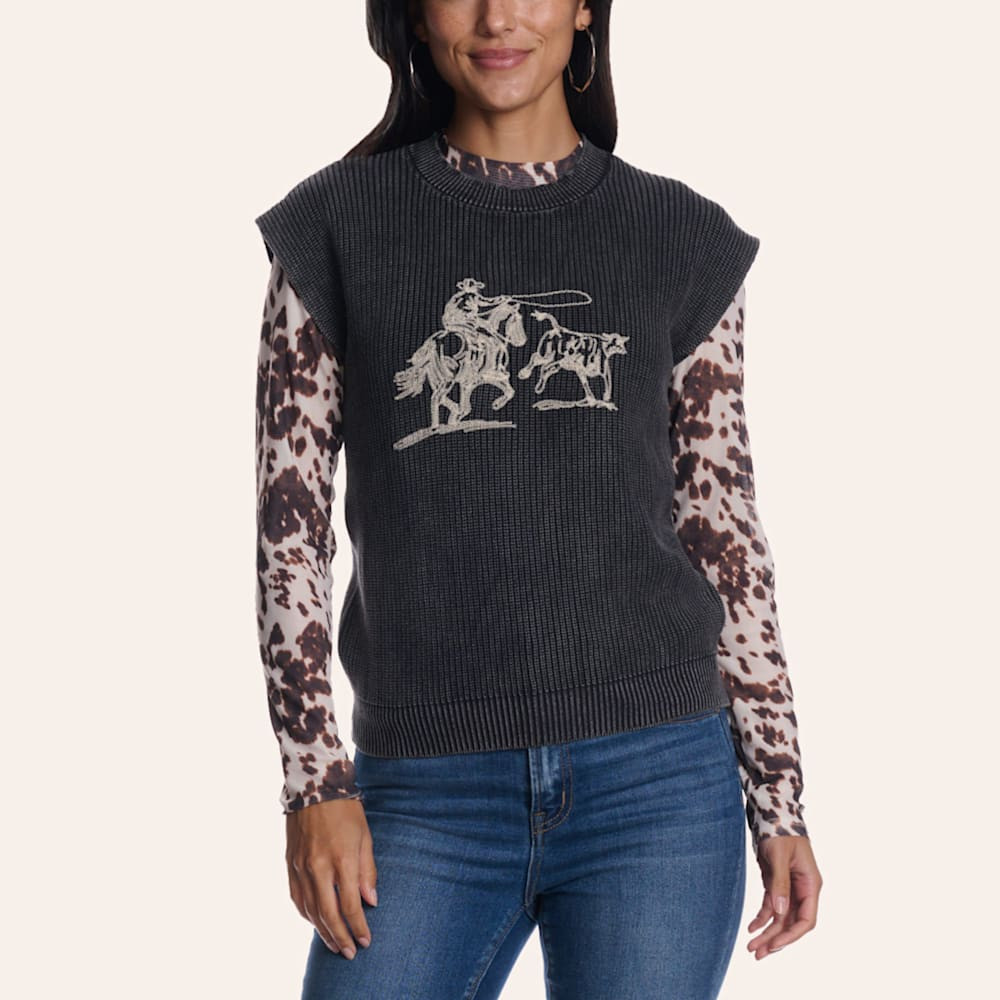 Rockin' C Women's Black & Cream Roping Embroidered Ribbed Sweater Vest | Cavender's