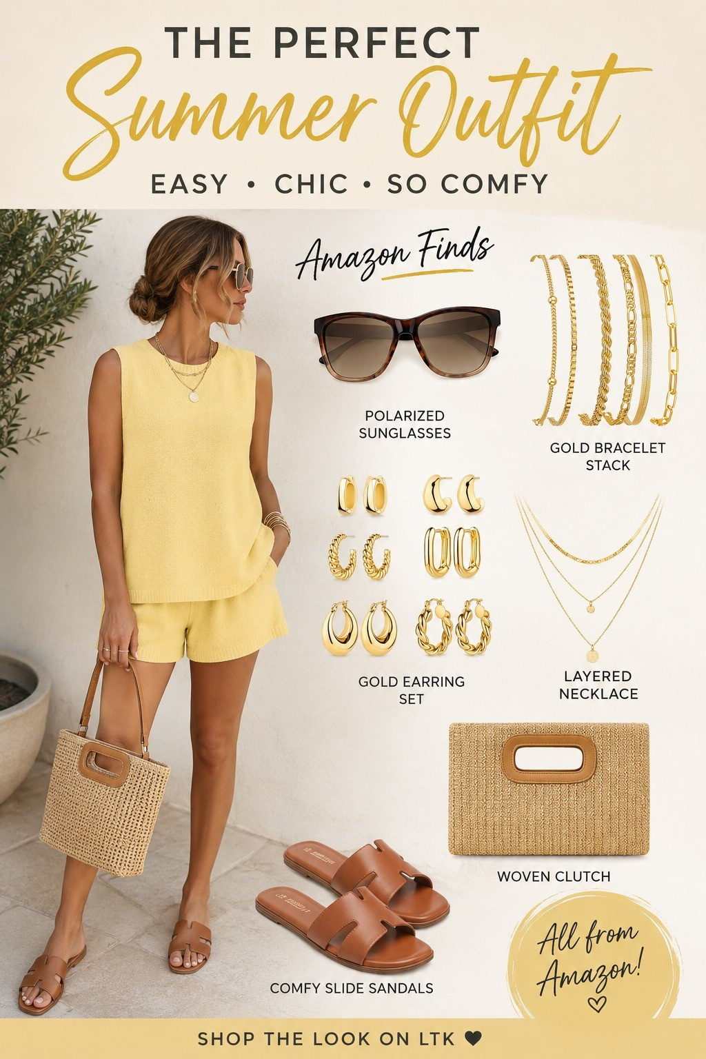 This buttery yellow matching set is the definition of easy summer style. 💛 Lightweight, comfortable, and effortlessly cute, it's perfect for vacations, travel days, brunch, errands, or warm-weather outings. I paired it with simple gold jewelry, comfy slide sandals, a woven clutch, and oversized sunglasses for a look that feels polished without trying too hard. Save this outfit for your next trip and shop all the details below! ✨#LTKStyle #AmazonFashion #MatchingSet #SummerOutfit #VacationStyle #TravelOutfit #MomStyle #AmazonFinds #CasualChic #SummerFashion

#LTKootd #LTKmomlife