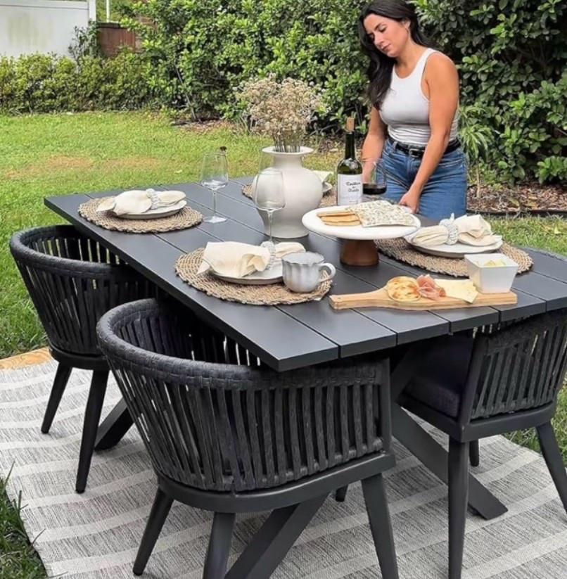 Elevated outdoor dining with a cozy modern farmhouse feel. ☀️ The wicker chairs, soft cushions, and clean aluminum table give your patio that warm, welcoming look while still feeling fresh and polished. Perfect for backyard dinners, slow summer mornings, family meals outside, or making your outdoor space feel more styled without going too formal. 

Add this to your cart now if you want your patio to feel cozy, modern, and ready for summer hosting. 🌿

#LTKHome #LTKfoodie #LTKSeasonal