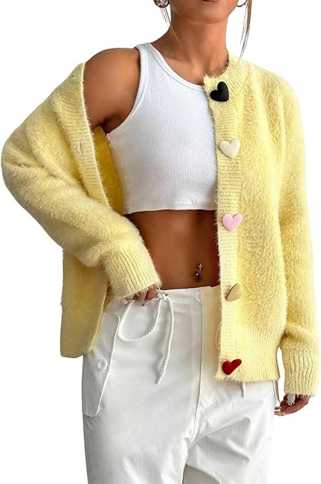 Verdusa Women's Yellow Cardigan Sweaters Heart Button Front Sweater Lightweight Fuzzy Knit Top Ou... | Amazon (US)