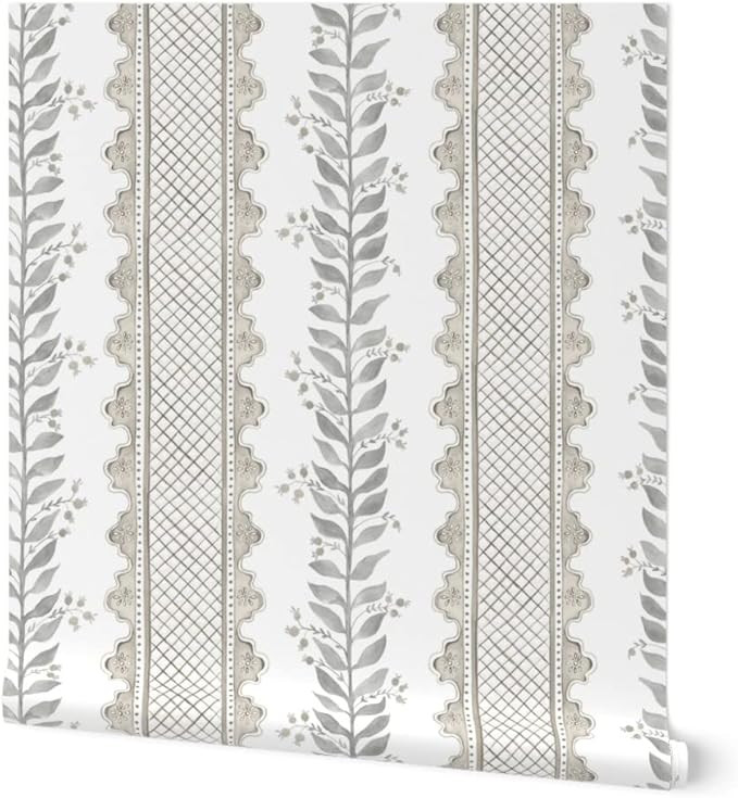 Removable Wallpaper 6ft x 2ft - Boho Granny Chic White Beige Floral Directional Lattice. Stripes ... | Amazon (US)