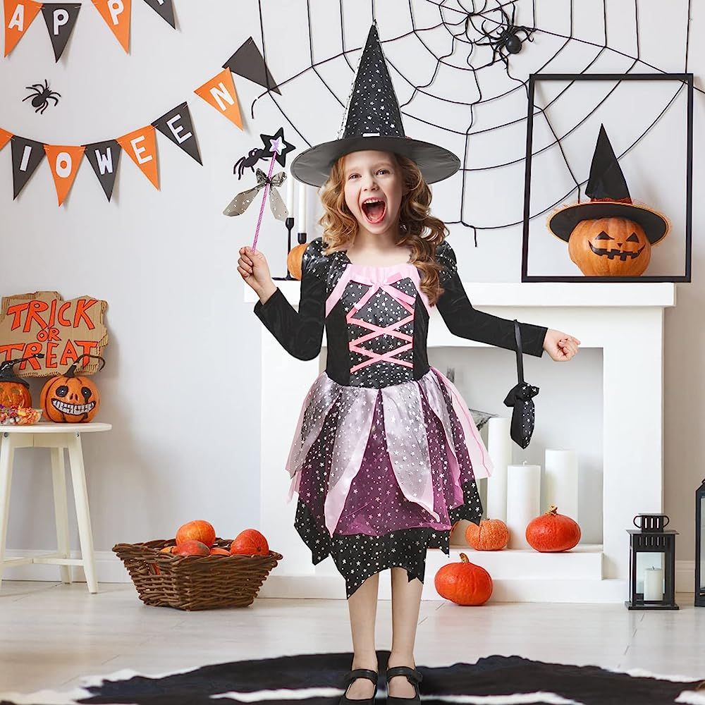 Halloween Witch Costume for 4-7 Years Girls, Cute Witch Cosplay Dress Set for Halloween Kids Dress-U | Amazon (US)