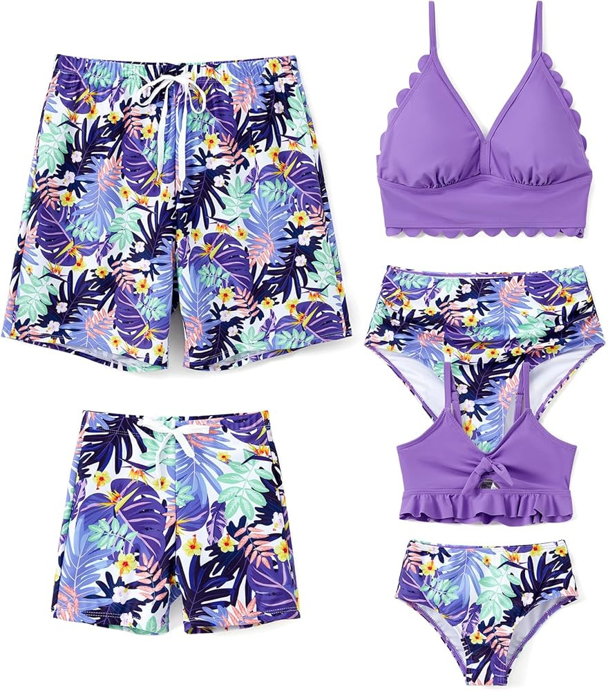 Family Matching Solid Scallop Trim Strappy Two-Piece Swimsuit and Allover Floral Print Swim Trunk... | Amazon (US)
