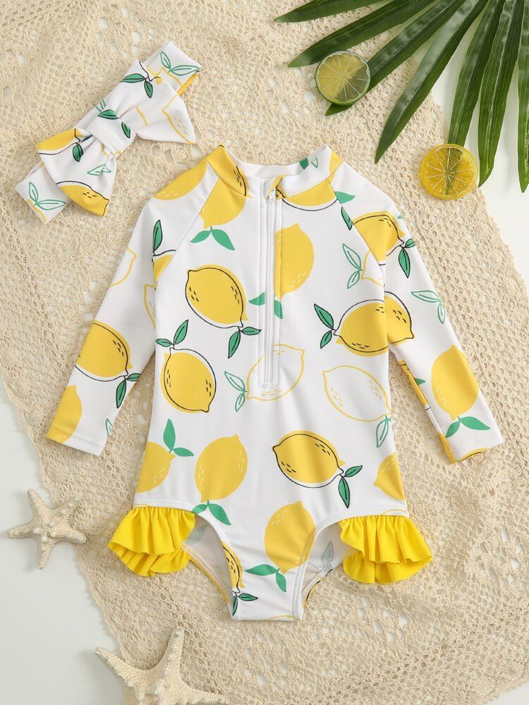 Baby Lemon Print Ruffle Trim One Piece Swimsuit & Headband | SHEIN